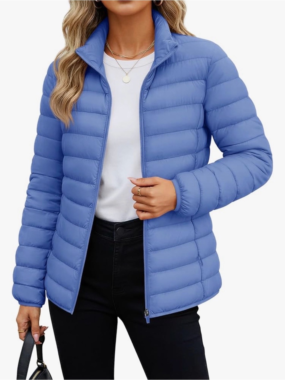 Women's Lightweight Periwinkle Puffer Jacket - Zip Front